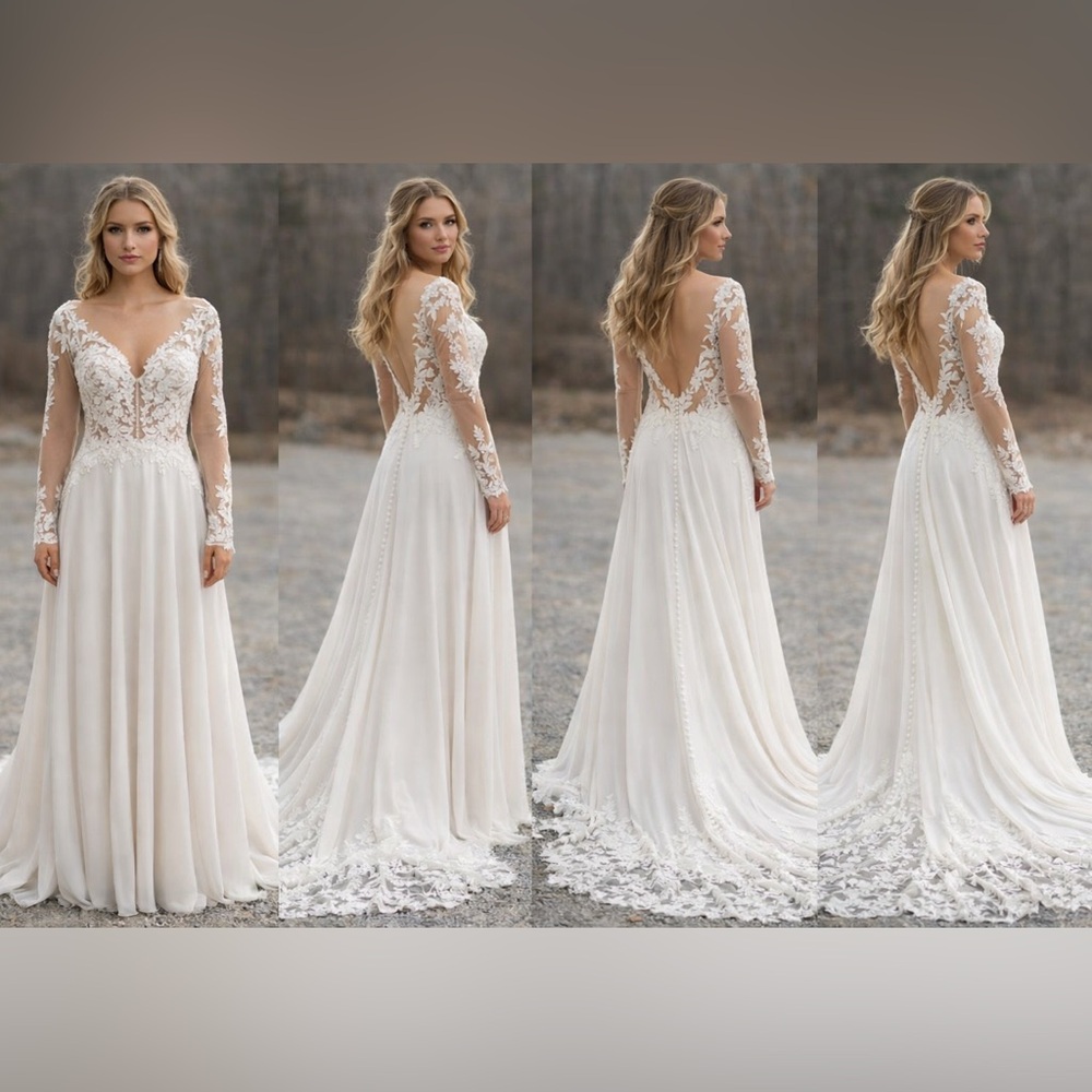 4. Elegant Long-Sleeve Lace Back Bridal Gown in Ivory